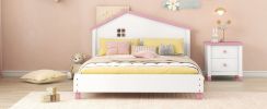 Full Size Wood Platform Bed with House-shaped Headboard (White+Pink)
