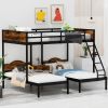Full Over Twin & Twin Bunk Bed Metal Triple Bed With Nightstand and Guardrails. Black & Brown, 96.9'' L x 76'' W x 69'' H