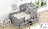 Full Size House Low Loft Bed with Four Drawers,Gray