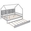 Wooden Full Size House Bed with Trundle,Kids Bed with Shelf, Gray