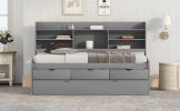 Twin Size Wooden Captain Bed with Built-in Bookshelves,Three Storage Drawers and Trundle,Light Grey