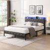 Full Bed Frame with Storage Headboard, Charging Station and LED Lights, Upholstered Platform Bed with Heavy Metal Slats, No Box Spring Needed, Noise F