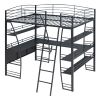 Full Size Loft Bed with 4 Layers of Shelves and L-shaped Desk, Stylish Metal Frame Bed with a set of Sockets, USB Ports and Wireless Charging, Black