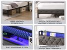 King Bed Frame with Storage Headboard, Charging Station and LED Lights, Upholstered Platform Bed with Heavy Metal Slats, No Box Spring Needed, Noise F