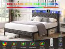 Queen Bed Frame with Storage Headboard, Charging Station and LED Lights, Upholstered Platform Bed with Heavy Metal Slats, No Box Spring Needed, Noise