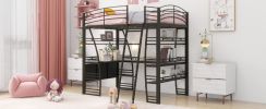 Full Size Loft Bed with 4 Layers of Shelves and L-shaped Desk, Stylish Metal Frame Bed with a set of Sockets, USB Ports and Wireless Charging, Black