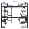 Full Size Loft Bed with 4 Layers of Shelves and L-shaped Desk, Stylish Metal Frame Bed with a set of Sockets, USB Ports and Wireless Charging, Black