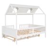 Full Size House Bed Wood Bed with Twin Size Trundle ( White )