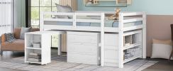 Low Study Full Loft Bed with Cabinet ,Shelves and Rolling Portable Desk ,Multiple Functions Bed- White