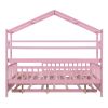 Wooden Full Size House Bed with Twin Size Trundle,Kids Bed with Shelf, Pink