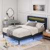 Queen Size Bedframe with LED Bedside Induction Light, Wrapped in Linen, Bedside Atmosphere Light, Anti Slip and Noise Free, Easy to Assemble, Dark Blu