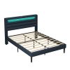 Queen Size Bedframe with LED Bedside Induction Light, Wrapped in Linen, Bedside Atmosphere Light, Anti Slip and Noise Free, Easy to Assemble, Dark Blu