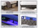 Full Bed Frame with Storage Headboard, Charging Station and LED Lights, Upholstered Platform Bed with Heavy Metal Slats, No Box Spring Needed, Noise F