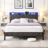 Queen Bed Frame with Storage Headboard, Charging Station and LED Lights, Upholstered Platform Bed with Heavy Metal Slats, No Box Spring Needed, Noise