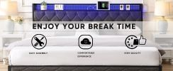 King Bed Frame with Storage Headboard, Charging Station and LED Lights, Upholstered Platform Bed with Heavy Metal Slats, No Box Spring Needed, Noise F