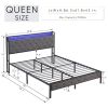 Queen Bed Frame with Storage Headboard, Charging Station and LED Lights, Upholstered Platform Bed with Heavy Metal Slats, No Box Spring Needed, Noise