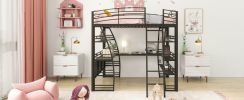 Full Size Loft Bed with 4 Layers of Shelves and L-shaped Desk, Stylish Metal Frame Bed with a set of Sockets, USB Ports and Wireless Charging, Black