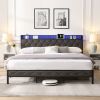 King Bed Frame with Storage Headboard, Charging Station and LED Lights, Upholstered Platform Bed with Heavy Metal Slats, No Box Spring Needed, Noise F