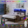 Queen Bed Frame with Storage Headboard, Charging Station and LED Lights, Upholstered Platform Bed with Heavy Metal Slats, No Box Spring Needed, Noise