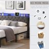 Full Bed Frame with Storage Headboard, Charging Station and LED Lights, Upholstered Platform Bed with Heavy Metal Slats, No Box Spring Needed, Noise F