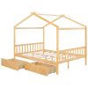 Full Size House Platform Bed with Two Drawers,Headboard and Footboard,Roof Design,Natural