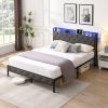Queen Bed Frame with Storage Headboard, Charging Station and LED Lights, Upholstered Platform Bed with Heavy Metal Slats, No Box Spring Needed, Noise