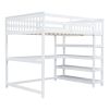 Full Size Loft Bed with Storage Shelves and Under-bed Desk, White