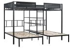 Metal Full over Twin Beds with Shelves/ Sturdy Metal Frame/ Noise-Free Wood Slats/ Comfortable Textilene Guardrail/ Bunk Bed for Three/ Built-in 3-Tie