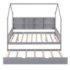 Wooden Full Size House Bed with Trundle,Kids Bed with Shelf, Gray