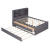 Full Size Platform Bed with Storage Headboard, Charging Station, Twin Size Trundle and 3 Drawers, Antique Brown