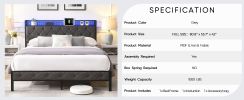 Full Bed Frame with Storage Headboard, Charging Station and LED Lights, Upholstered Platform Bed with Heavy Metal Slats, No Box Spring Needed, Noise F
