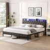 King Bed Frame with Storage Headboard, Charging Station and LED Lights, Upholstered Platform Bed with Heavy Metal Slats, No Box Spring Needed, Noise F