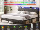 King Bed Frame with Storage Headboard, Charging Station and LED Lights, Upholstered Platform Bed with Heavy Metal Slats, No Box Spring Needed, Noise F