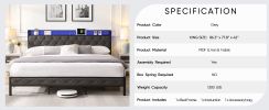 King Bed Frame with Storage Headboard, Charging Station and LED Lights, Upholstered Platform Bed with Heavy Metal Slats, No Box Spring Needed, Noise F
