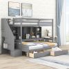 Twin XL over Full Bunk Bed with Built-in Storage Shelves, Drawers and Staircase,Gray