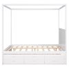 Queen Size Canopy Platform Bed with Twin Size Trundle and Three Storage Drawers,White