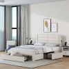 Queen Size Bed Frame with Drawers Storage, Leather Upholstered Platform Bed with Charging Station,Beige