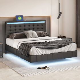 Queen Size Floating Bed Frame with LED Lights and USB Charging,Modern Upholstered Platform LED Bed Frame,Black (Color: as Pic)