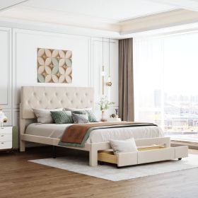 Queen Size Storage Bed Velvet Upholstered Platform Bed with a Big Drawer - Beige (Color: as Pic)
