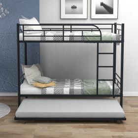 Twin-Over-Twin Metal Bunk Bed With Trundle,Can be Divided into two beds,No Box Spring needed (Color: Black)