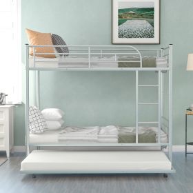 Twin-Over-Twin Metal Bunk Bed With Trundle,Can be Divided into two beds,No Box Spring needed (Color: Silver)