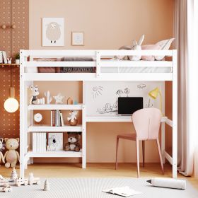 Twin Size Wooden Loft Bed with Shelves, Desk and Writing Board (Color: White)