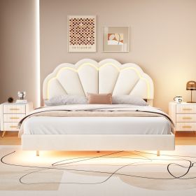 Queen Upholstered Smart LED Bed Frame with Elegant Flowers Headboard,Floating Velvet Platform LED Bed with Wooden Slats Support (Color: Beige)