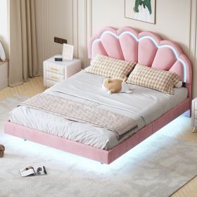 Queen Upholstered Smart LED Bed Frame with Elegant Flowers Headboard,Floating Velvet Platform LED Bed with Wooden Slats Support (Color: Pink)