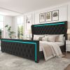 King Platform Bed Frame With High headboard, Velvet Upholstered Bed with Deep Tufted Buttons, Adjustable Colorful LED Light Decorative Headboard, Wide