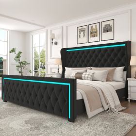 King Platform Bed Frame With High headboard, Velvet Upholstered Bed with Deep Tufted Buttons, Adjustable Colorful LED Light Decorative Headboard, Wide (Color: as Pic)