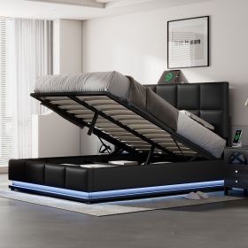 Full Size Tufted Upholstered Platform Bed with Hydraulic Storage System,PU Storage Bed with LED Lights and USB charger, Black (Color: as Pic)