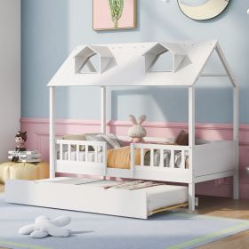 Twin Size House Bed Wood Bed with Twin Size Trundle ( White ) (Color: as Pic)