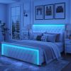King Platform Bed Frame With High headboard, Velvet Upholstered Bed with Deep Tufted Buttons, Adjustable Colorful LED Light Decorative Headboard, Wide