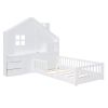 Twin Size House Bed with Window and Bedside Drawers, Platform Bed with Shelves and a set of Sockets and USB Port